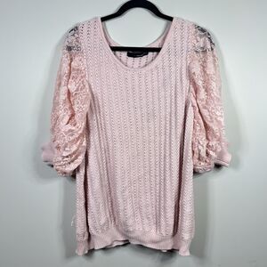 Denim 24/7 Women Pink Top With Lace Puff Sleeves Size L Casual Cottage Core Boho